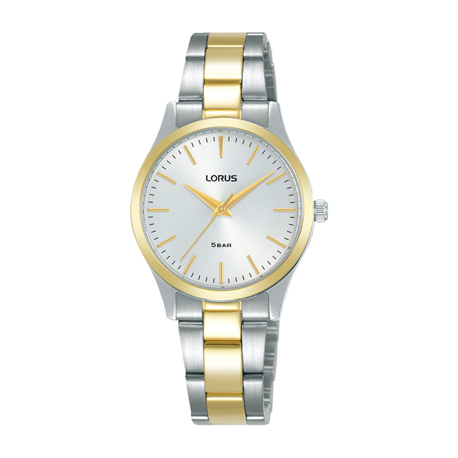 Womens watch LORUS made of two-tone stainless steel with white dial and bracelet.
