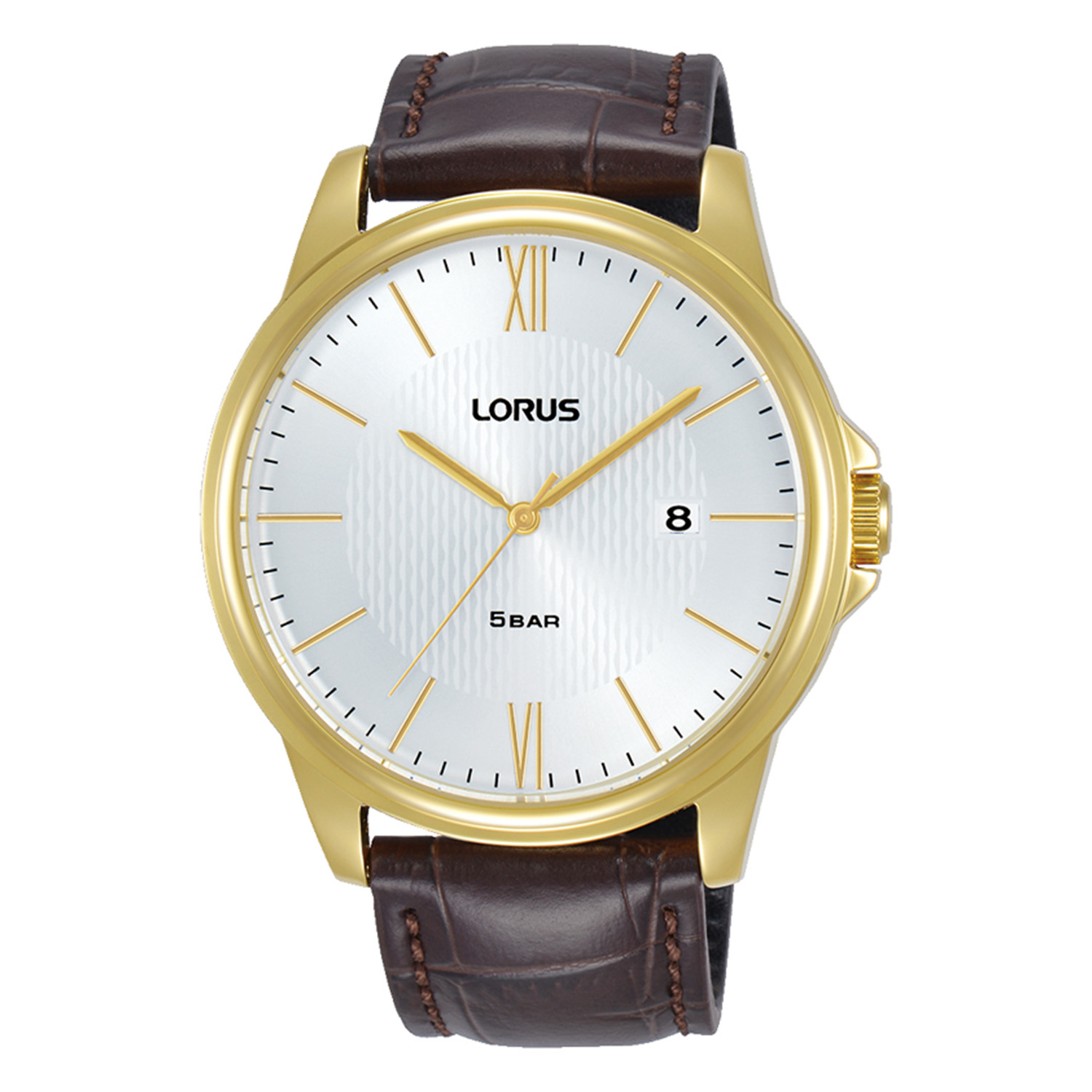 Mens Lorus gold stainless steel watch with white dial and brown leather strap.