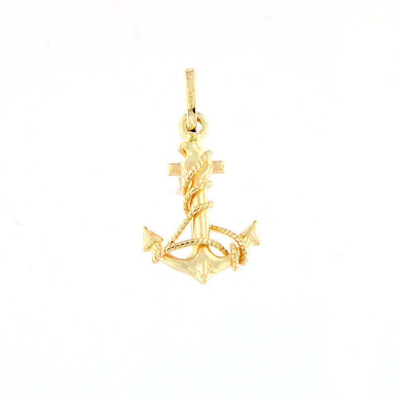 Mens gold anchor pendant with 14K braided twisted wire. 