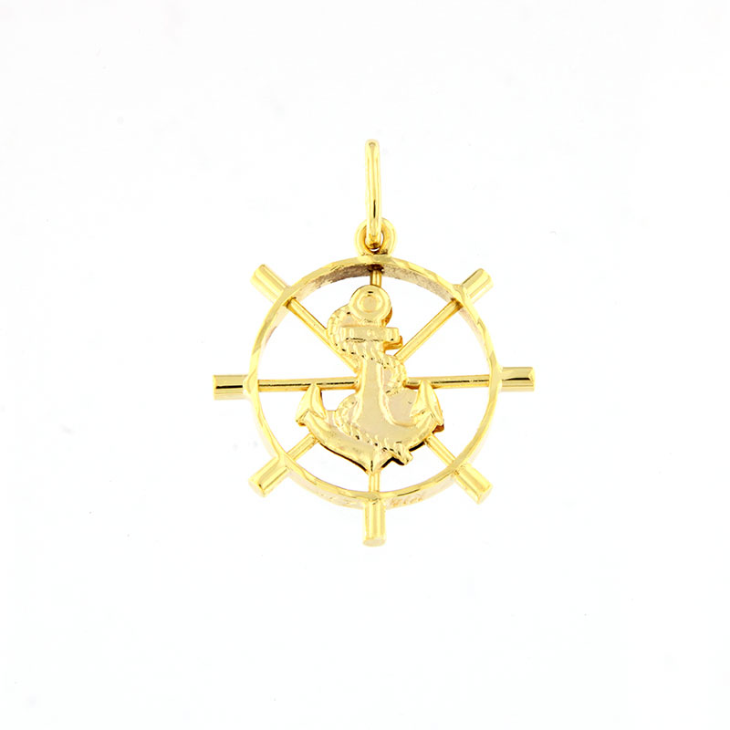 Mens pendant with rudder and anchor made of 14K yellow gold.