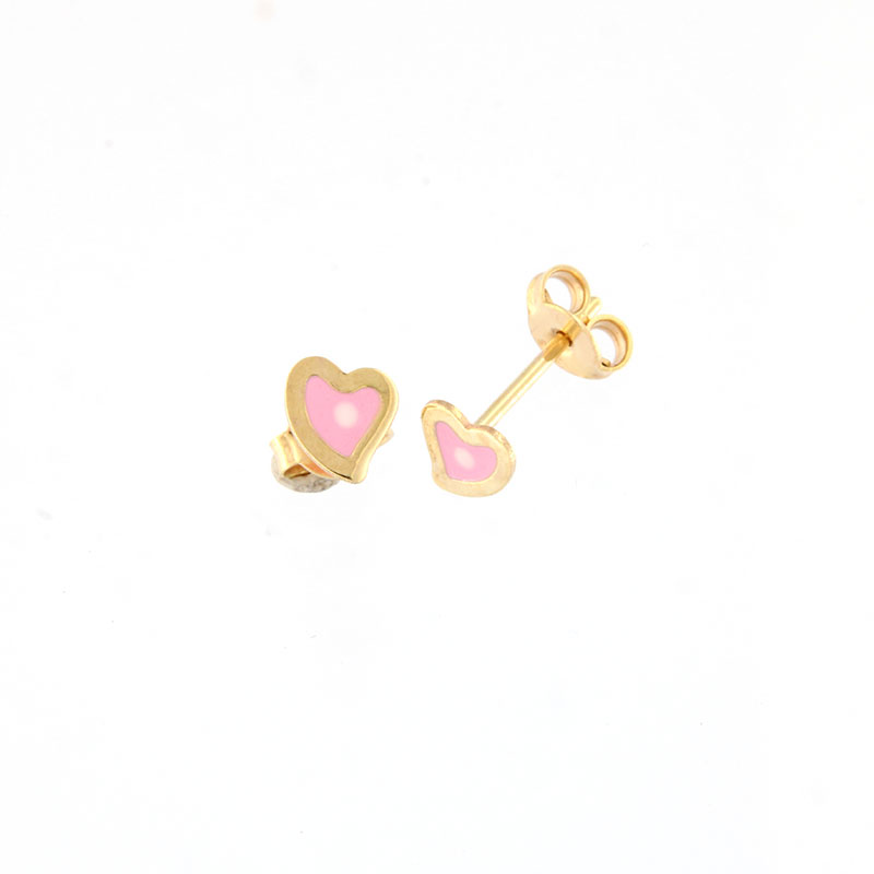 9K Childrens gold earrings in heart shape decorated with enamel.