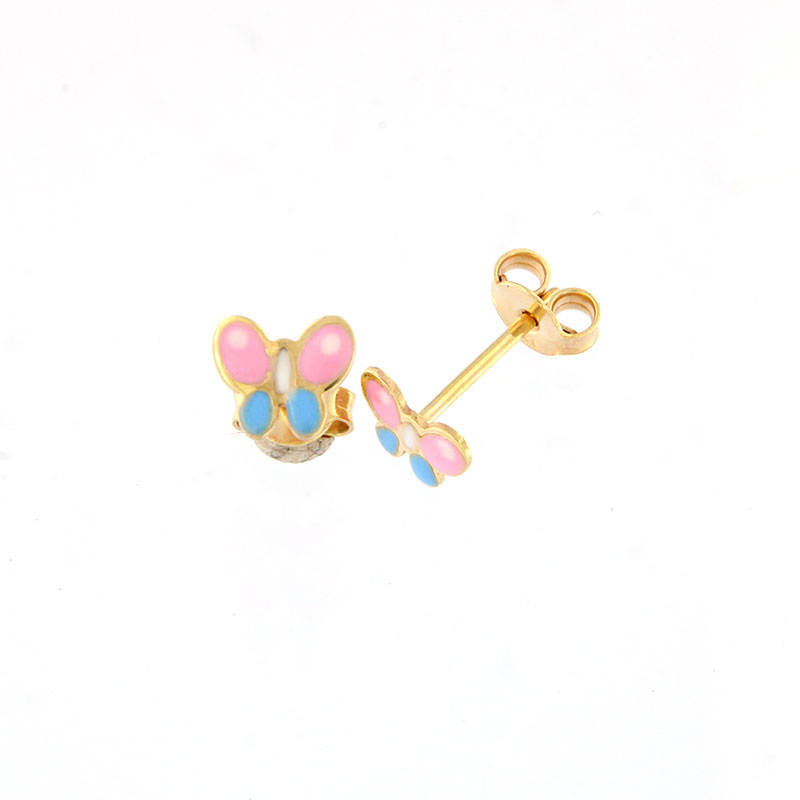 9K Childrens gold earrings in butterfly shape decorated with enamel.