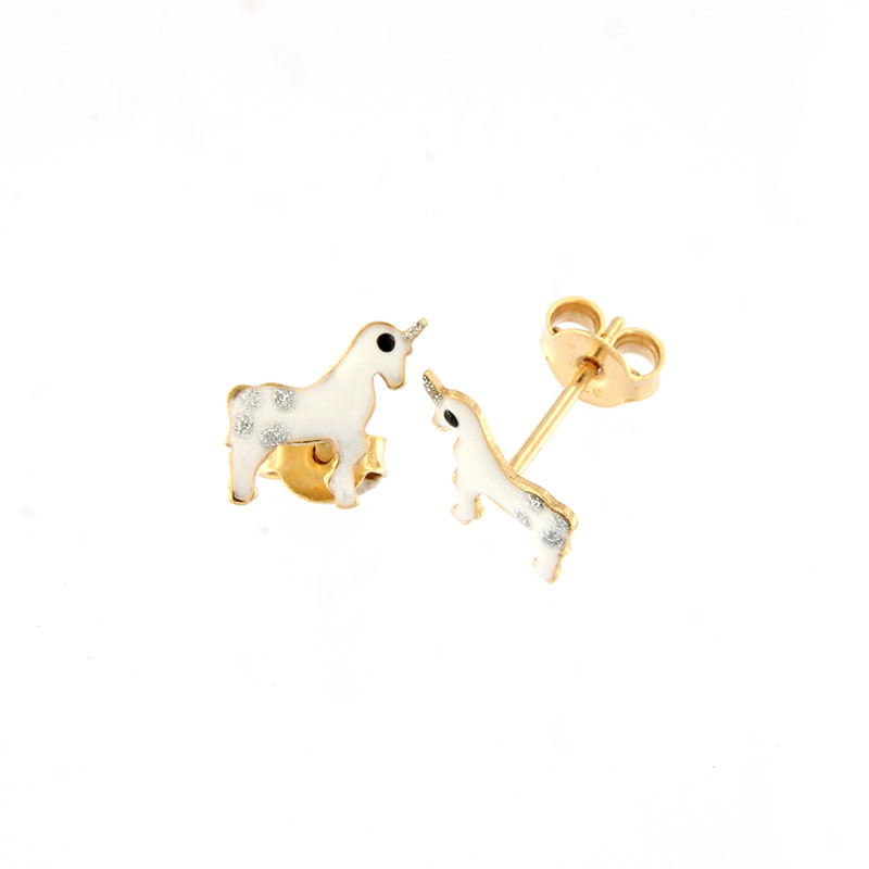 9K Childrens gold earrings in unicorn shape decorated with enamel.