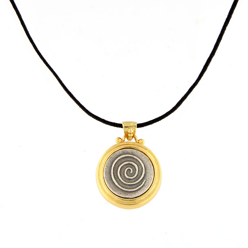 Womens two-tone silver pendant with black silk cord 925° depicting the Spiral.