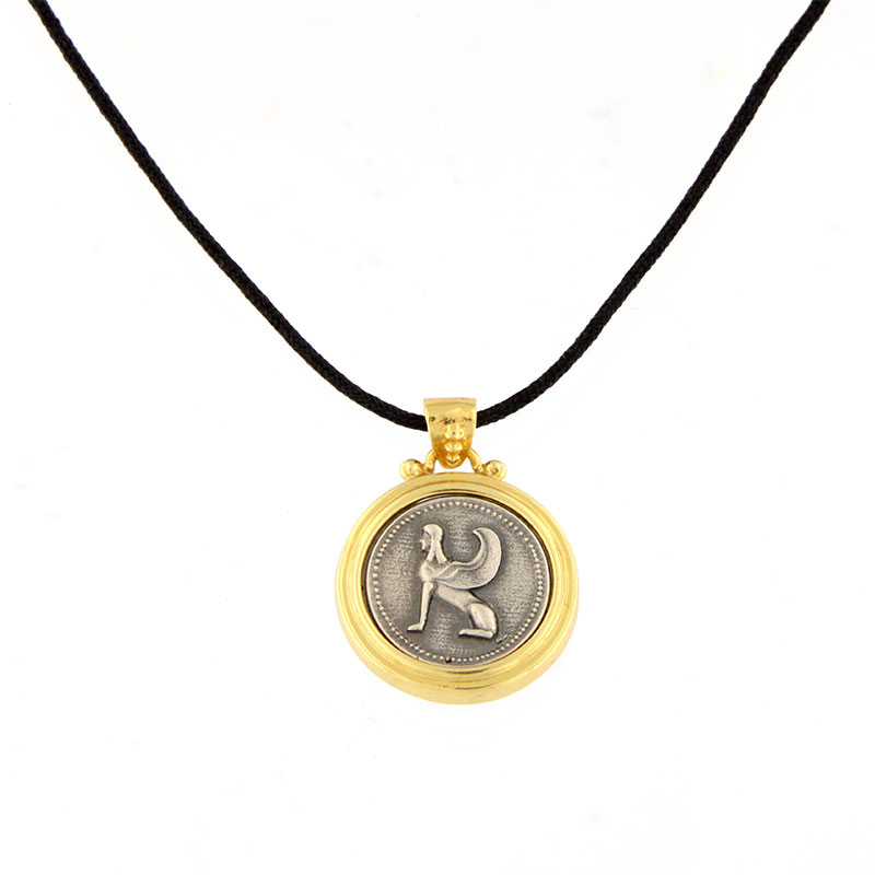 Womens bicolour silver pendant with black silk cord 925° depicting the ANCIENT SPHIGA.