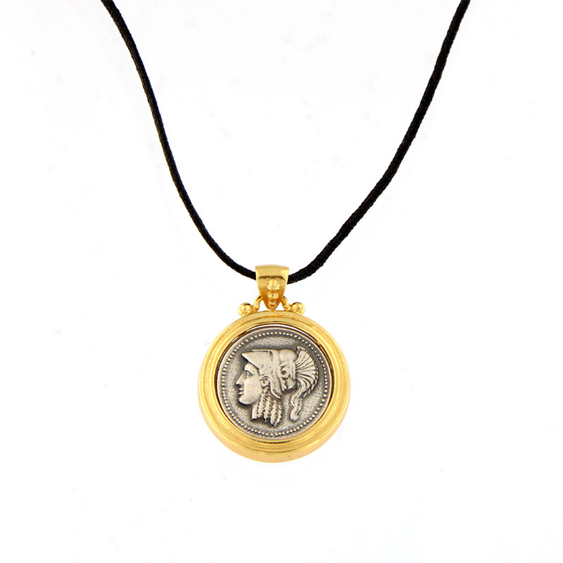 Womens bicolour silver pendant with black silk cord 925° depicting THEA ATHENS.