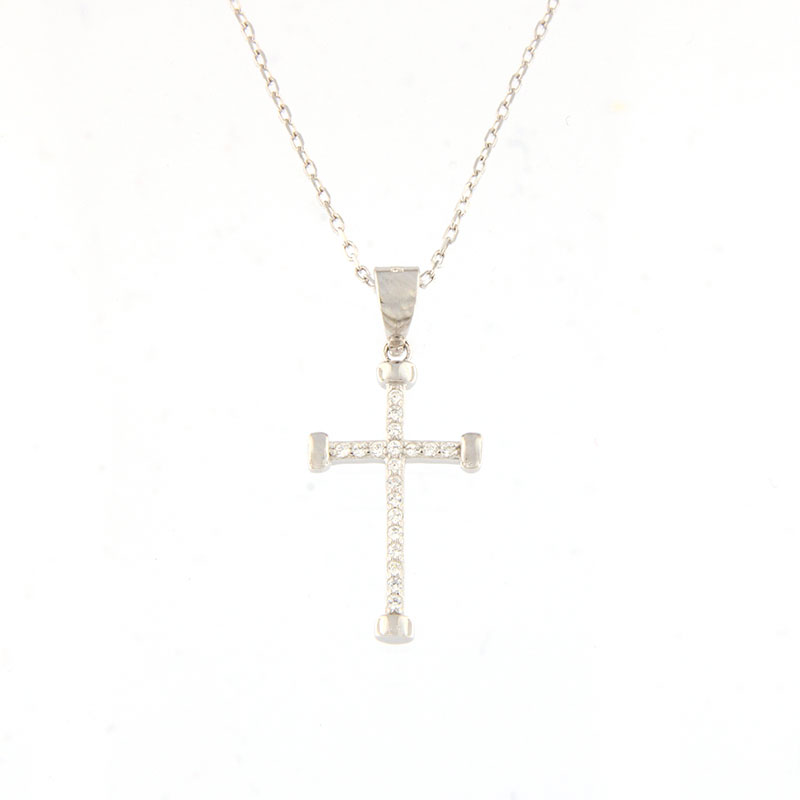 Womens silver cross with 925 chain decorated with white zircons.