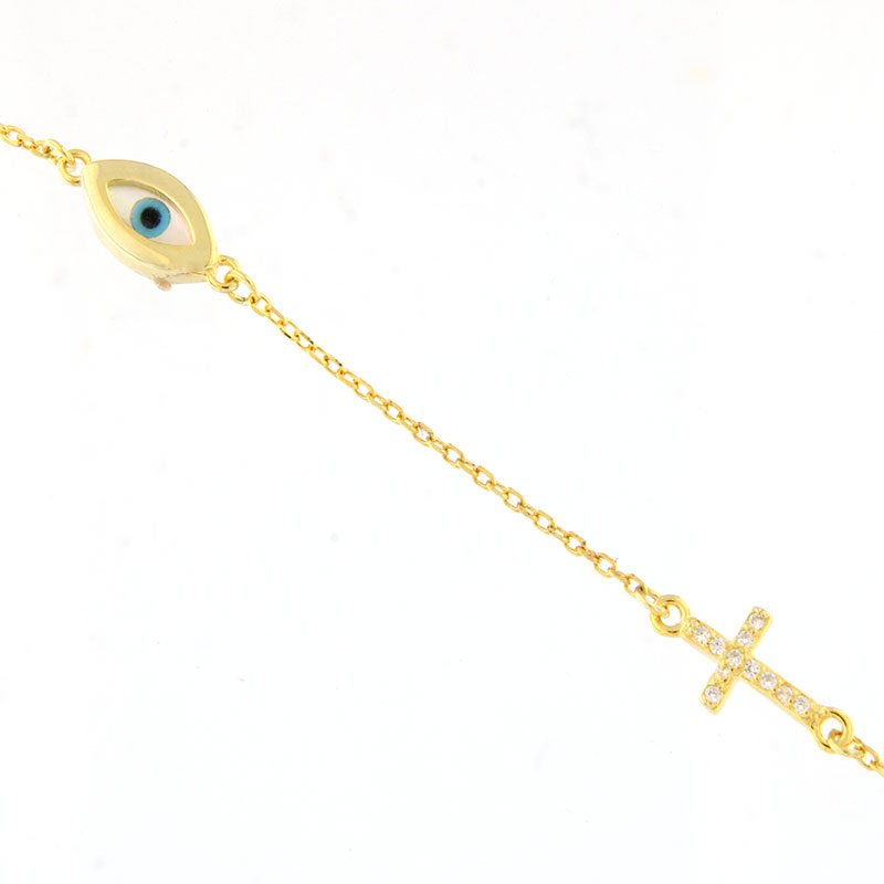 Womens silver gold plated bracelet with Eye and cross 925 decorated with zirgon and mother of pearl.