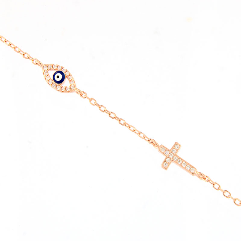 Womens silver gold plated pink bracelet with Eye and cross 925 decorated with zirgon and enamel.