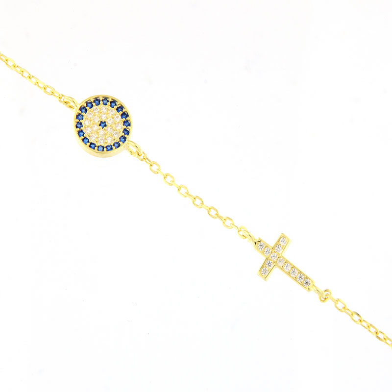 Womens silver gold plated bracelet with Eye target and cross 925 decorated with zirgon.