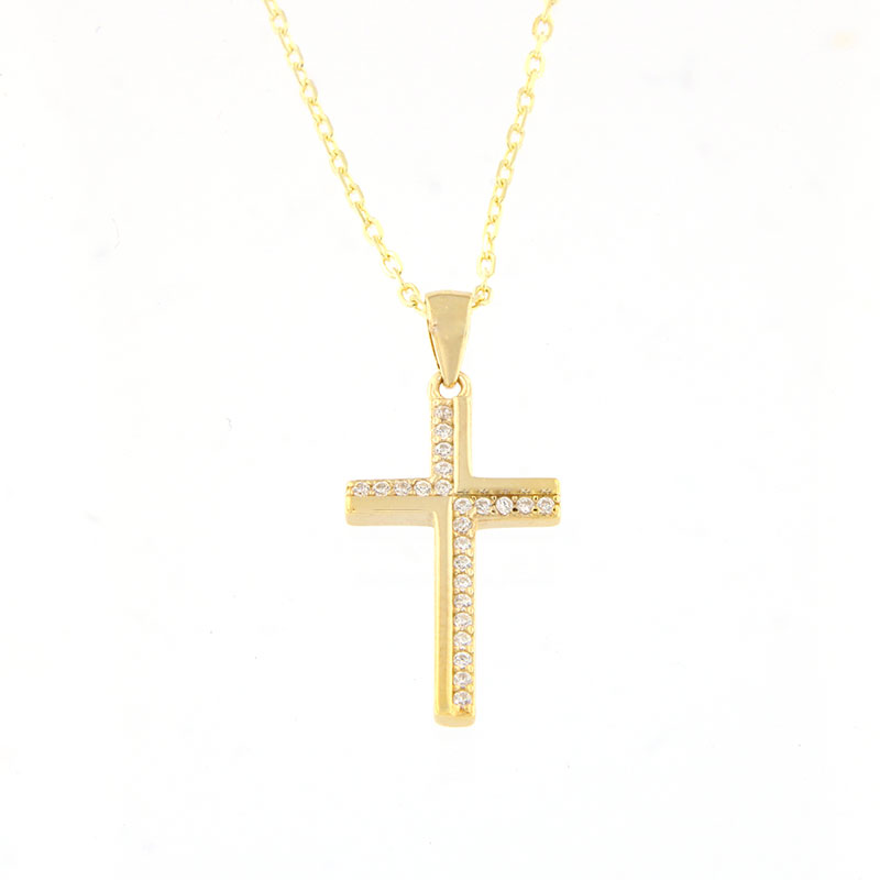 Womens silver gold plated cross with 925 chain decorated with white zircons.