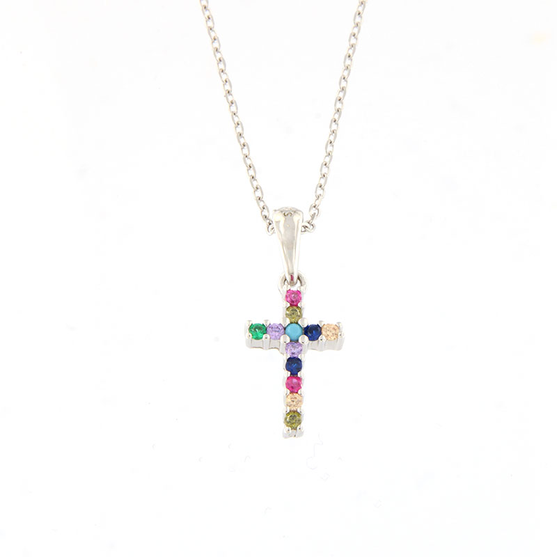 Womens silver cross with 925 chain decorated with multicolored zircons.