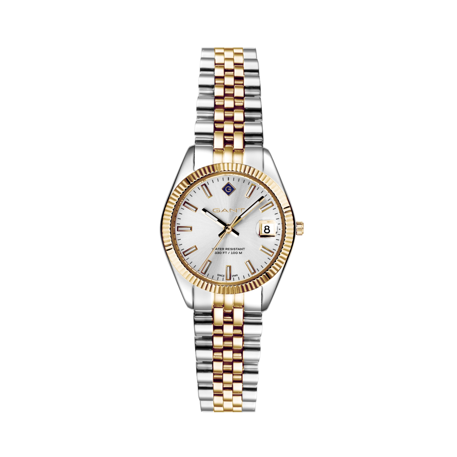 GANT womens bicolour stainless steel watch with white dial and bracelet.