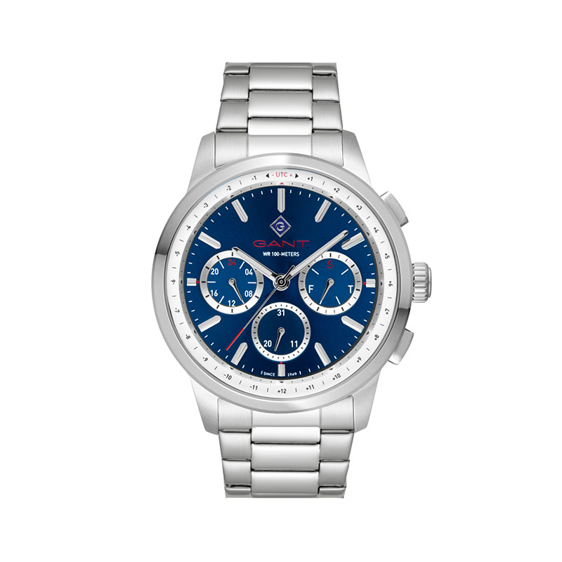 Mens GANT stainless steel watch with blue dial and silver bracelet.