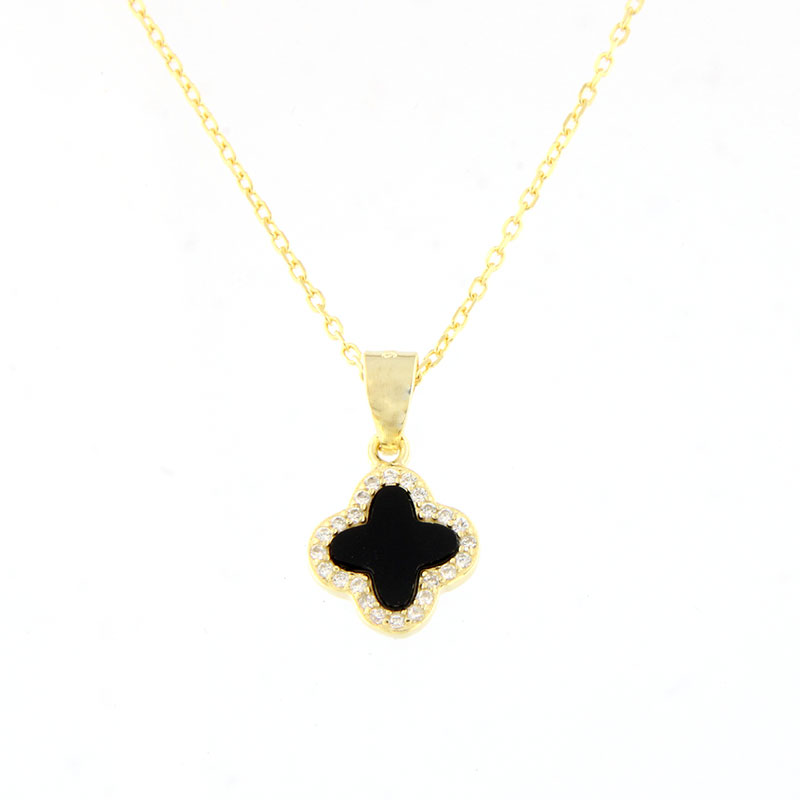 Womens silver gold plated cross with 925 chain decorated with black onyx and white zircons.