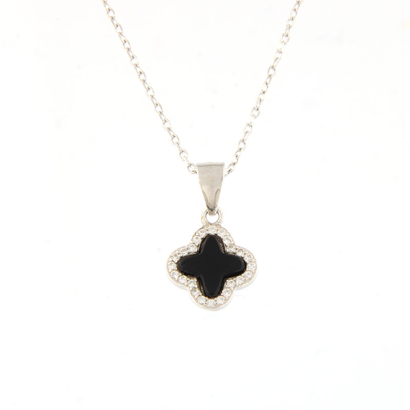 Womens silver cross with 925 chain decorated with black onyx and white zircons.