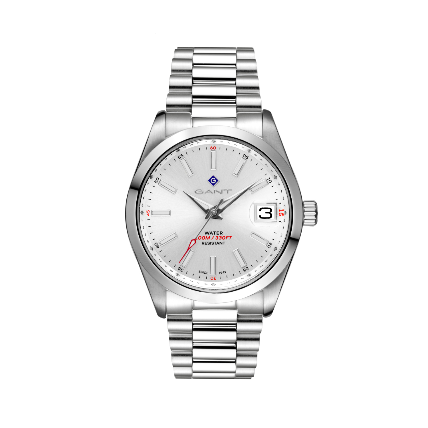 Mens GANT stainless steel watch with white dial and silver bracelet.