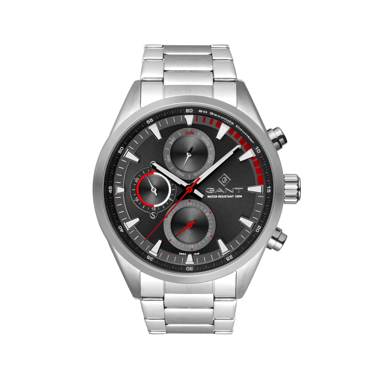Mens GANT stainless steel watch with black dial and silver bracelet.