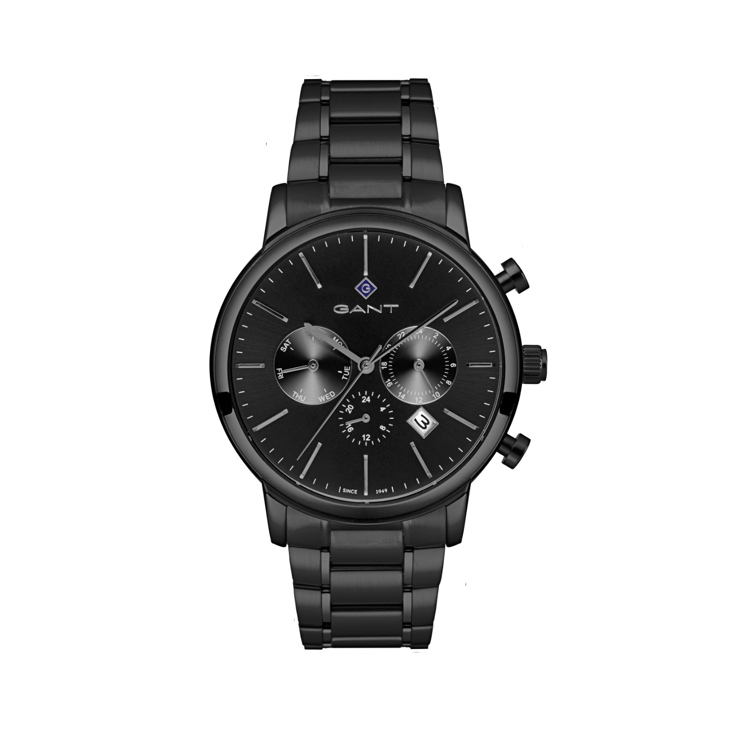 Mens GANT stainless steel watch with black dial and black bracelet.