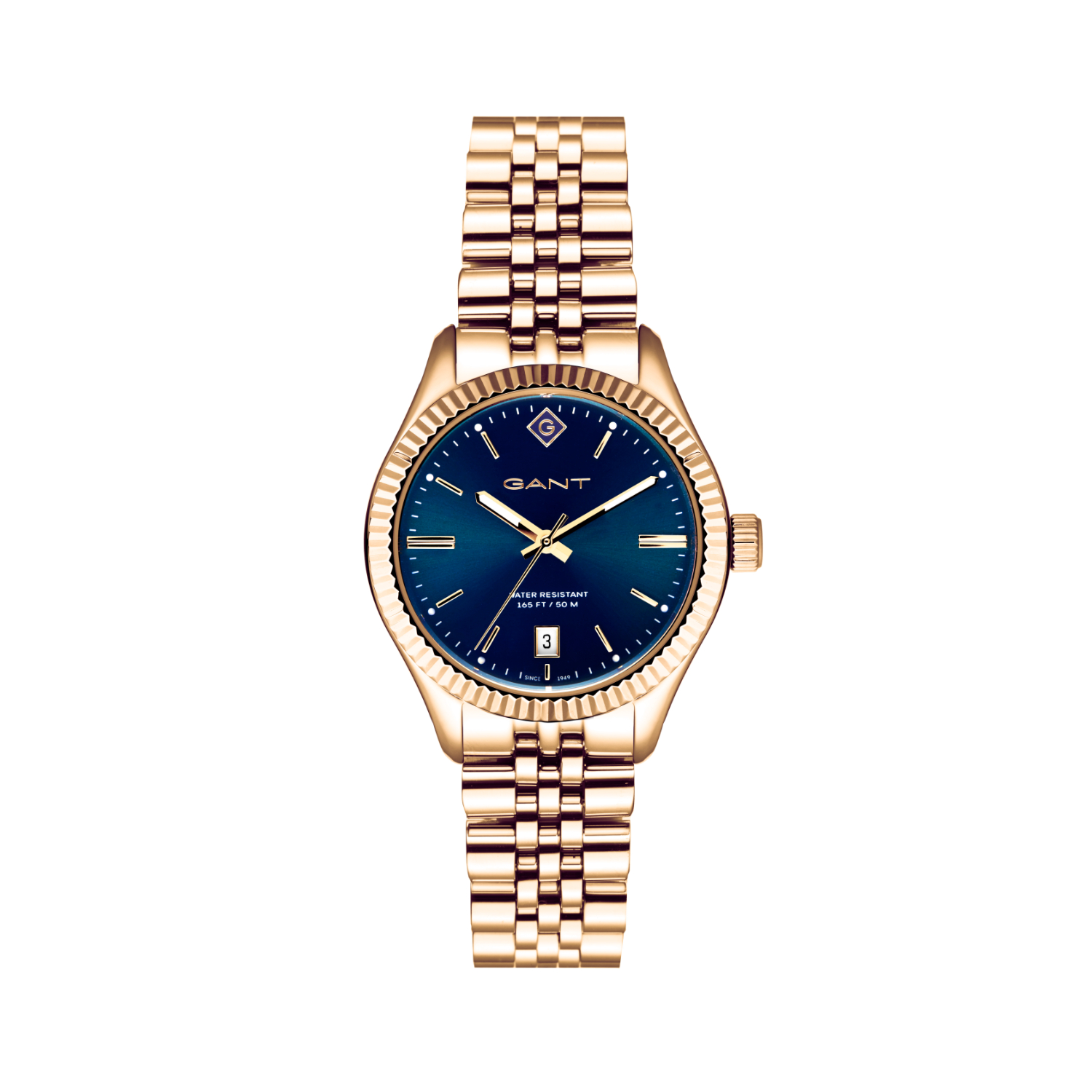 Γυναικείο ρολόι Gant από χρυσό ανοξείδωτο ατσάλι με μπλε καντράν και μπρασελέ.