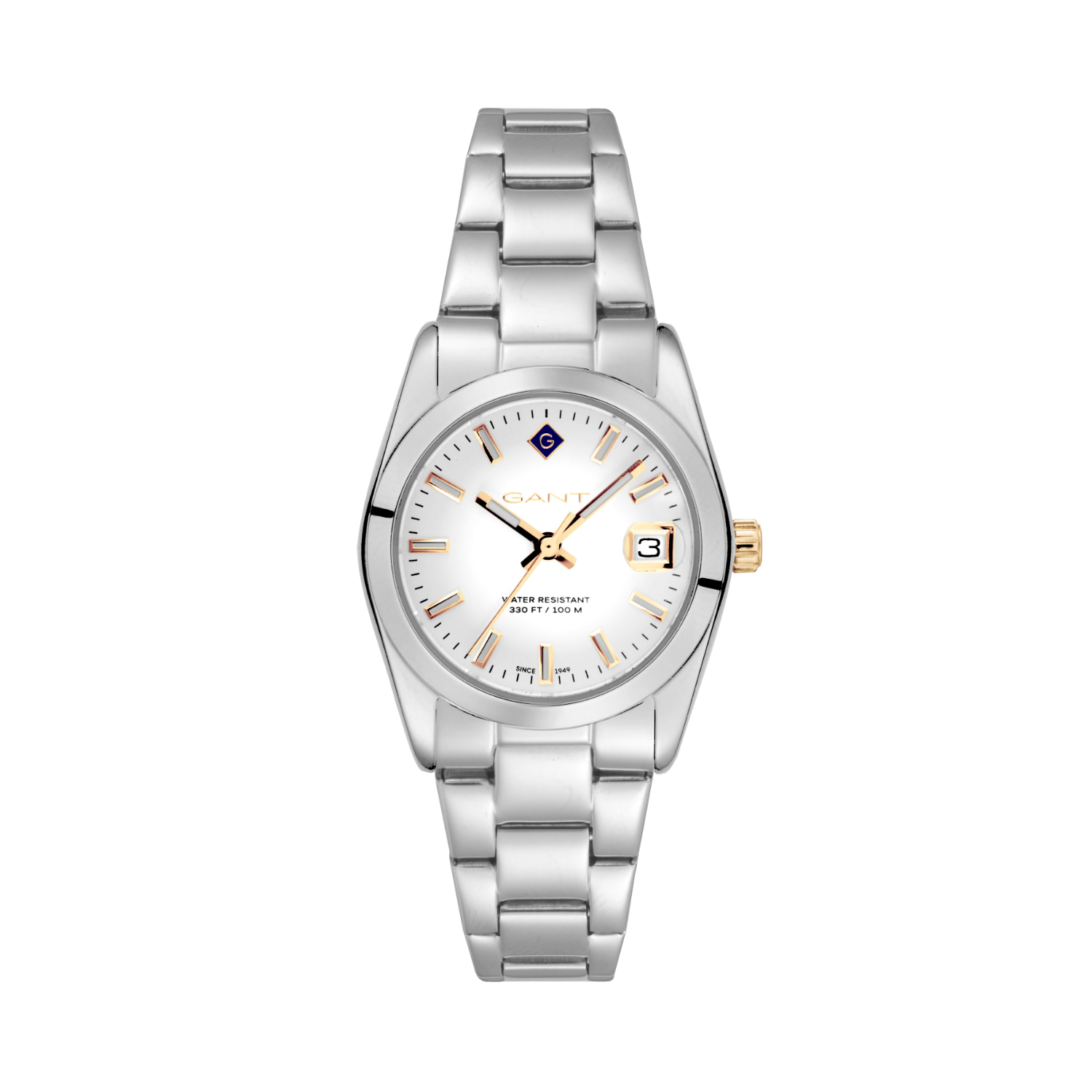 GANT womens watch in silver stainless steel with white dial and bracelet.