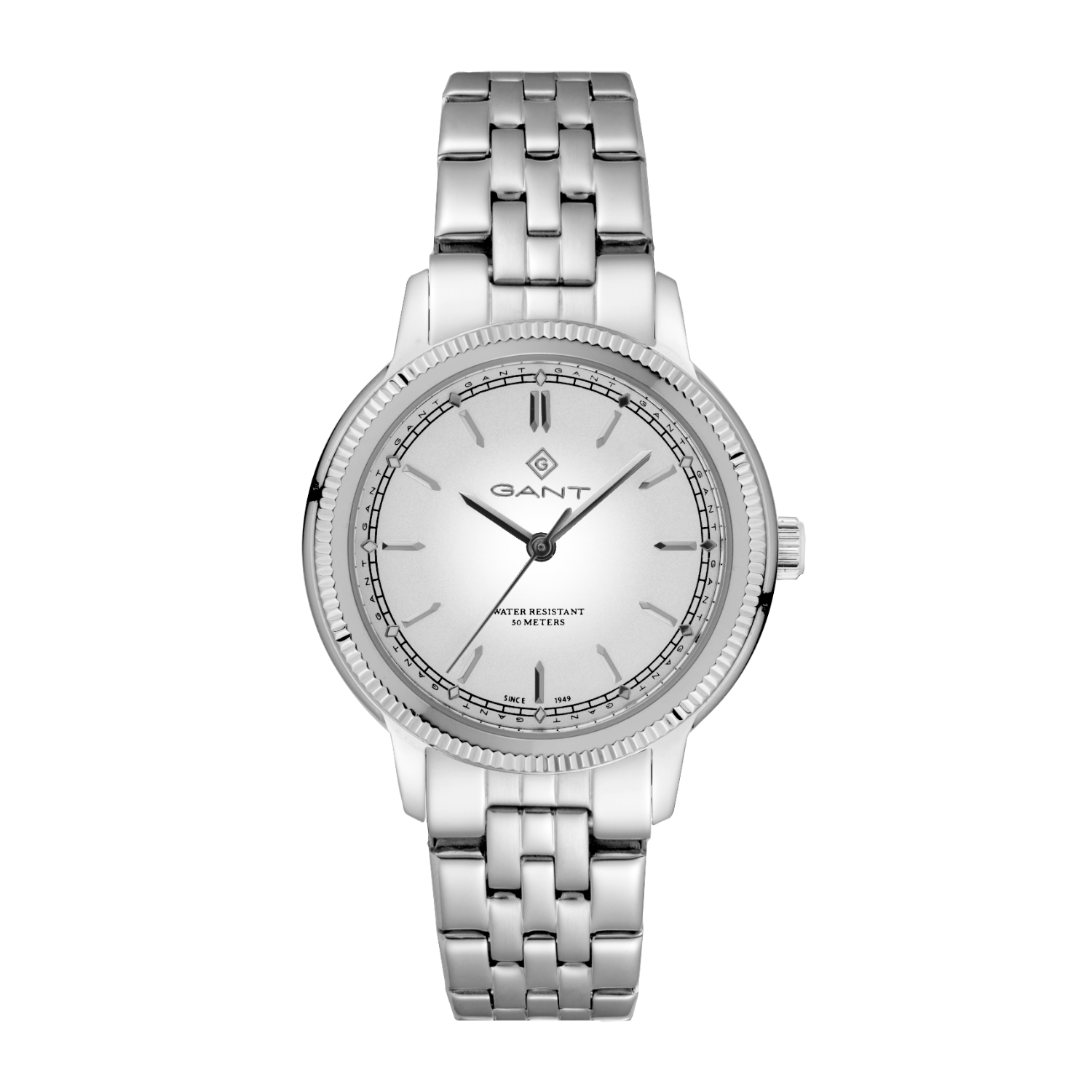 GANT womens watch in silver stainless steel with white dial and bracelet.	