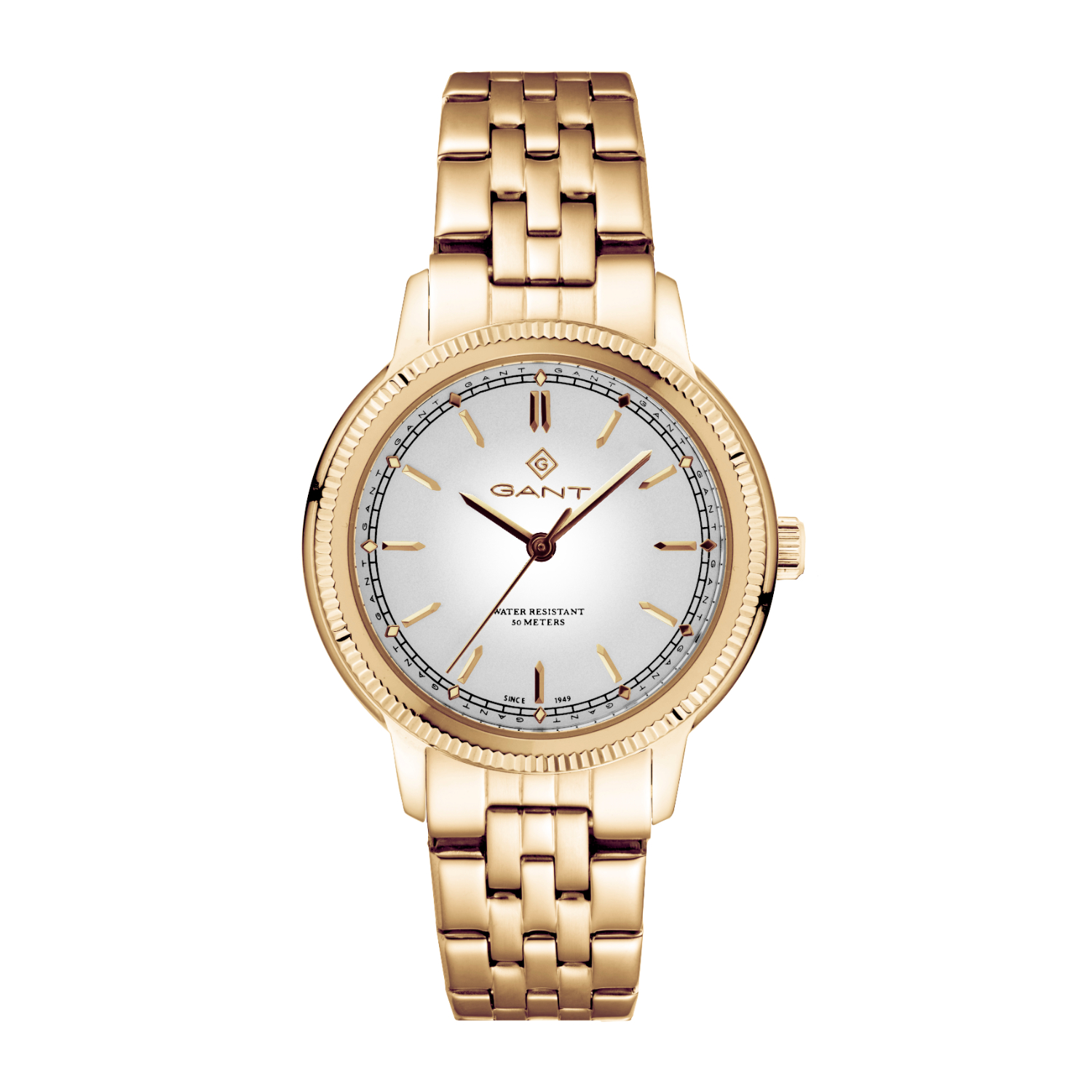 GANT womens watch in gold stainless steel with white dial and bracelet.