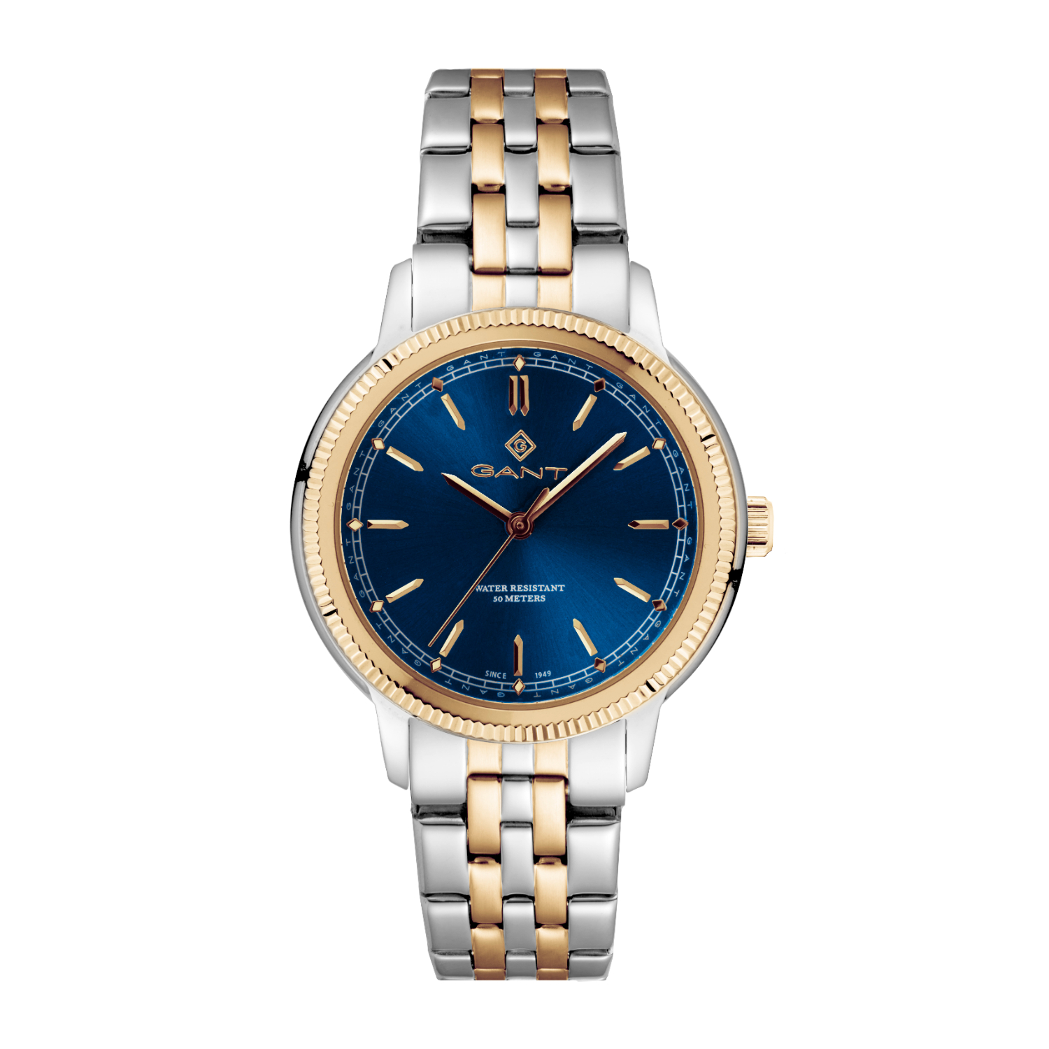 GANT womens watch in two-tone stainless steel with blue dial and bracelet.
