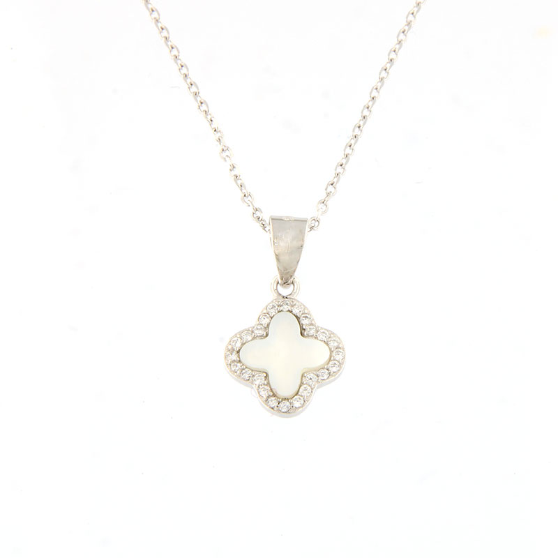 Womens silver cross with 925 chain decorated with mother of pearl and white zircons.