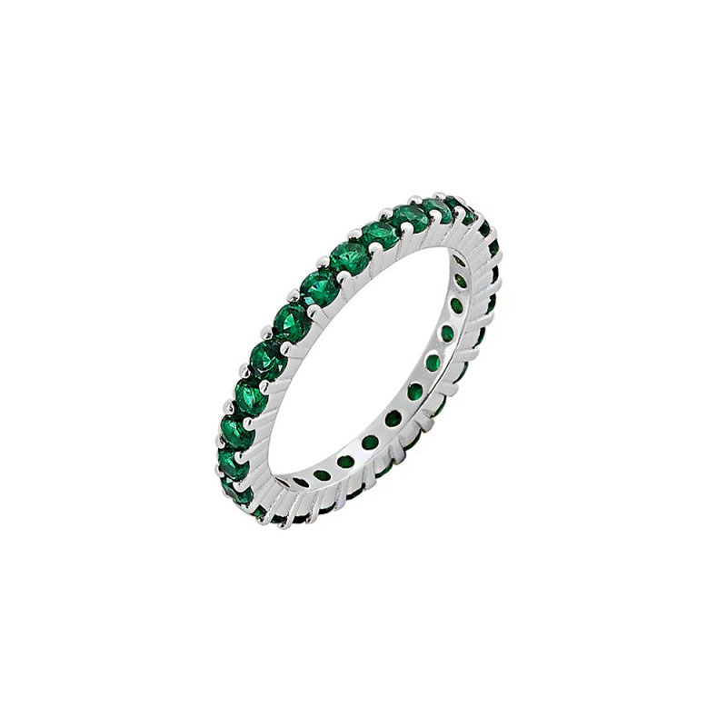 Γυναικείο ασημένιο ολόβερο δαχτυλίδι 925 διακοσμημένο με πράσινα ζιργκόν.