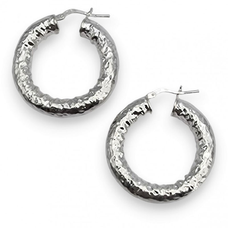 Womens silver hammered hoop earrings 925° with diameter 36.5mm.