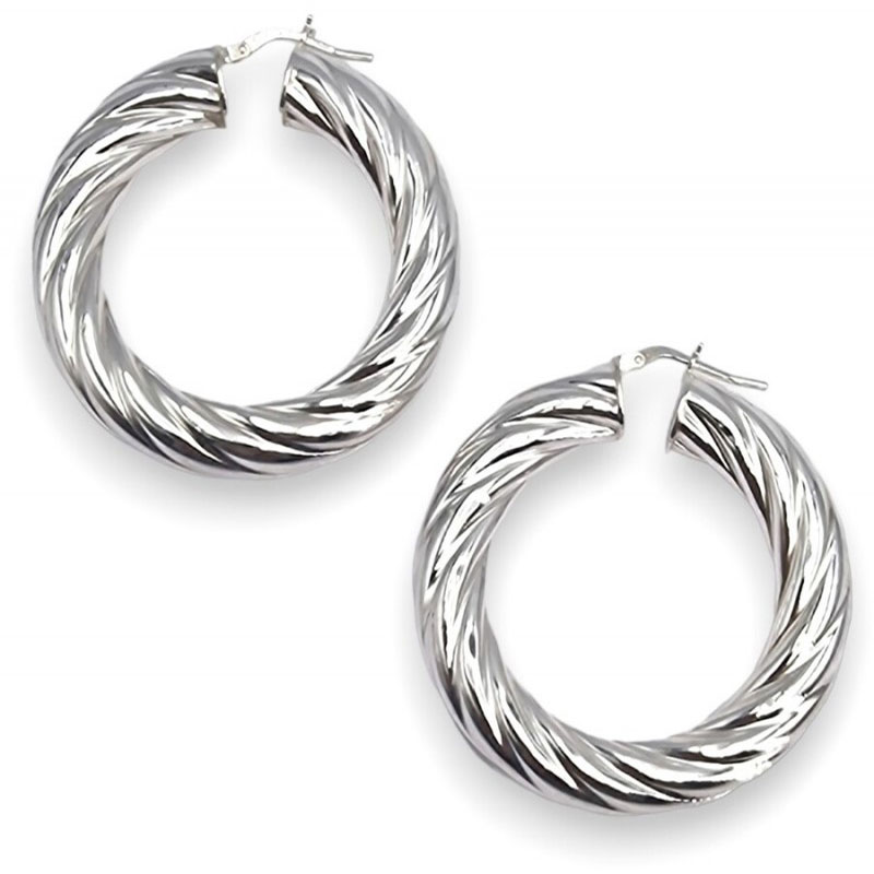 Womens silver twisted hoop earrings 925° with diameter 32.5mm.