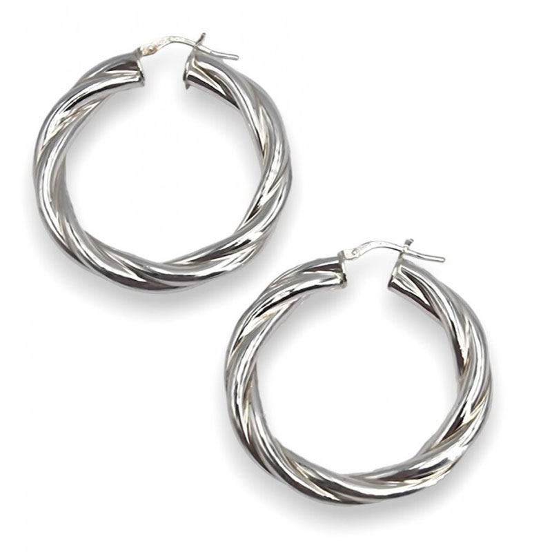 Womens silver twisted hoop earrings 925° with diameter 39mm.