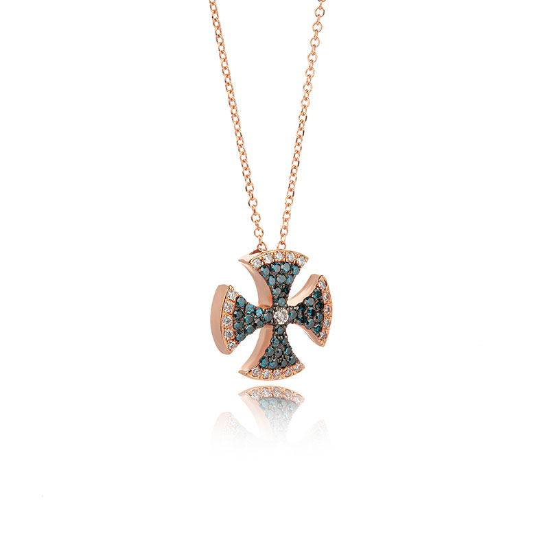 18K Rose gold cross decorated with white and blue briquettes.