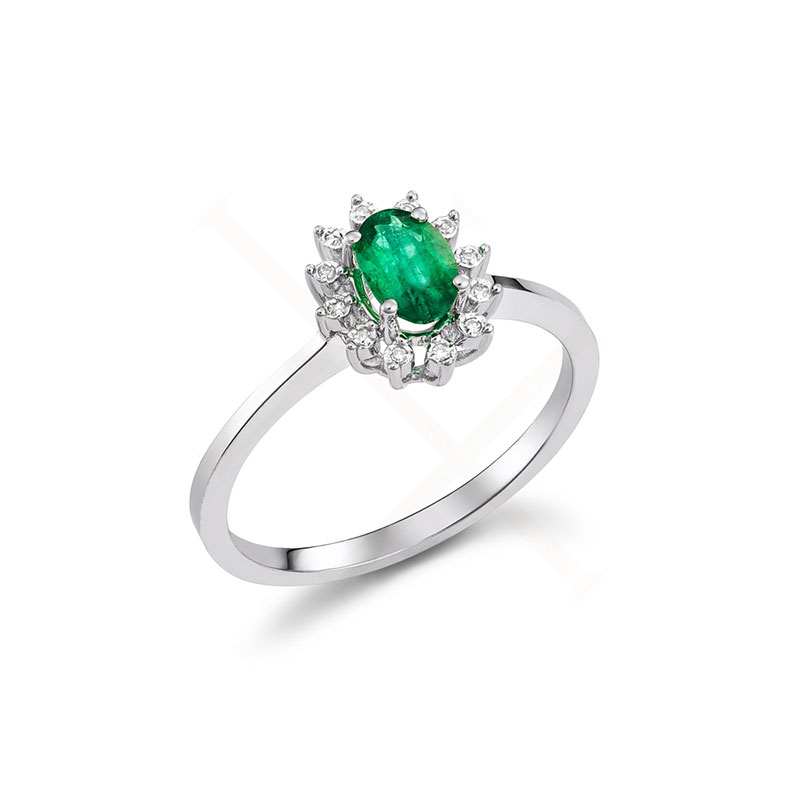Womens 18K white gold rosette ring decorated with emerald and brilliant blue.