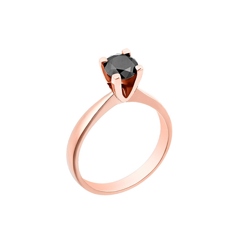 Womens 18K pink solitaire ring decorated with a black Diamond.