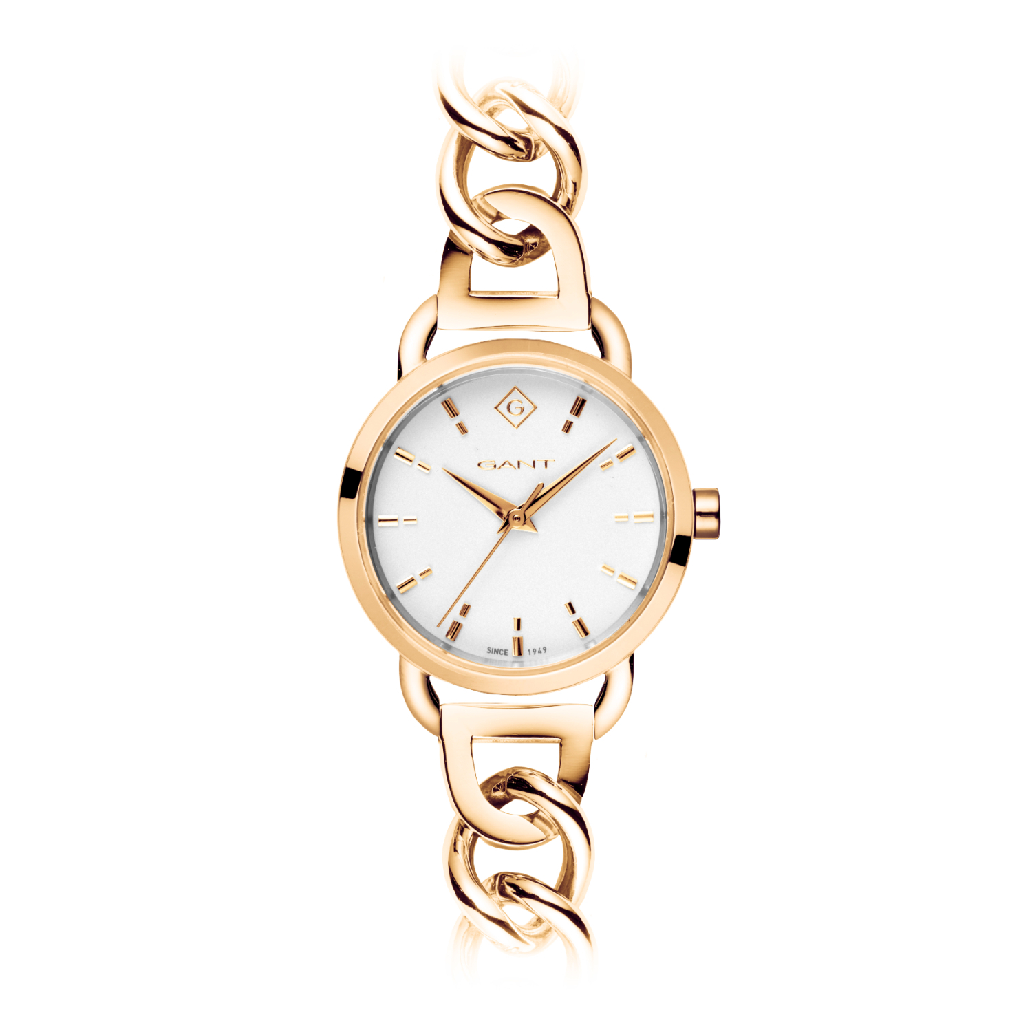 Γυναικείο ρολόι GANT από χρυσό ανοξείδωτο ατσάλι με λευκό καντράν και μπρασελέ.