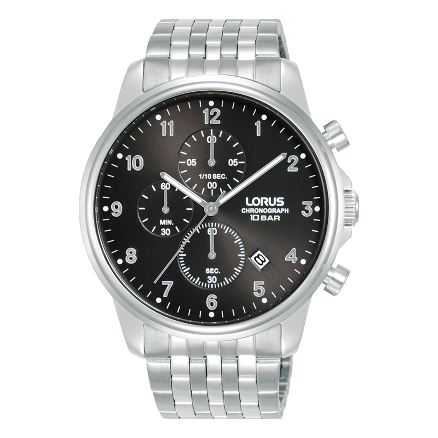 Mens LORUS stainless steel watch with black dial and silver bracelet.