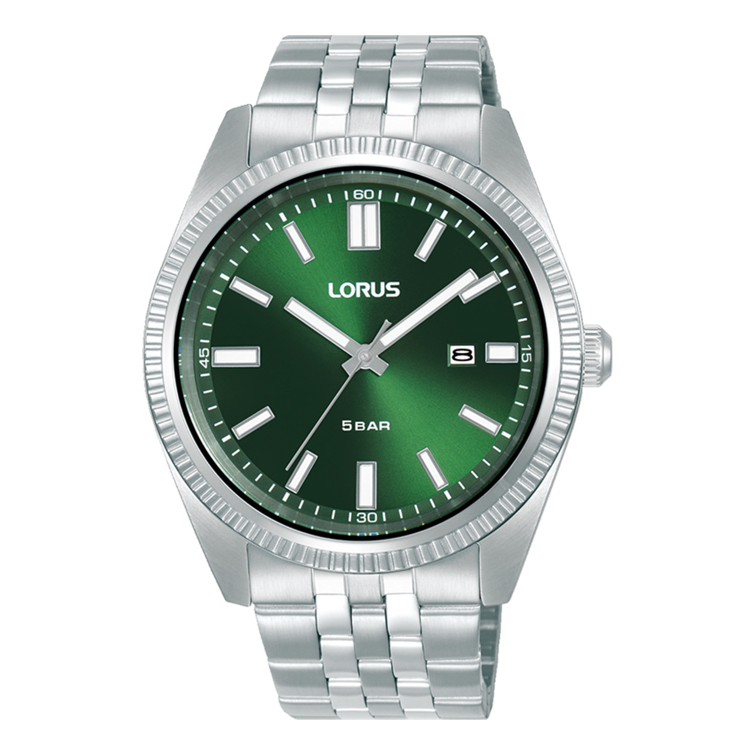 Mens LORUS stainless steel watch with green dial and silver bracelet.