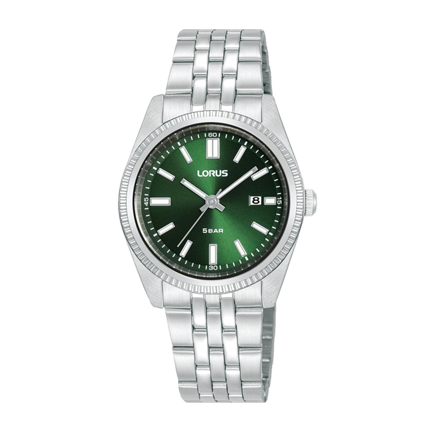 Womens watch LORUS made of silver stainless steel with green dial and bracelet.