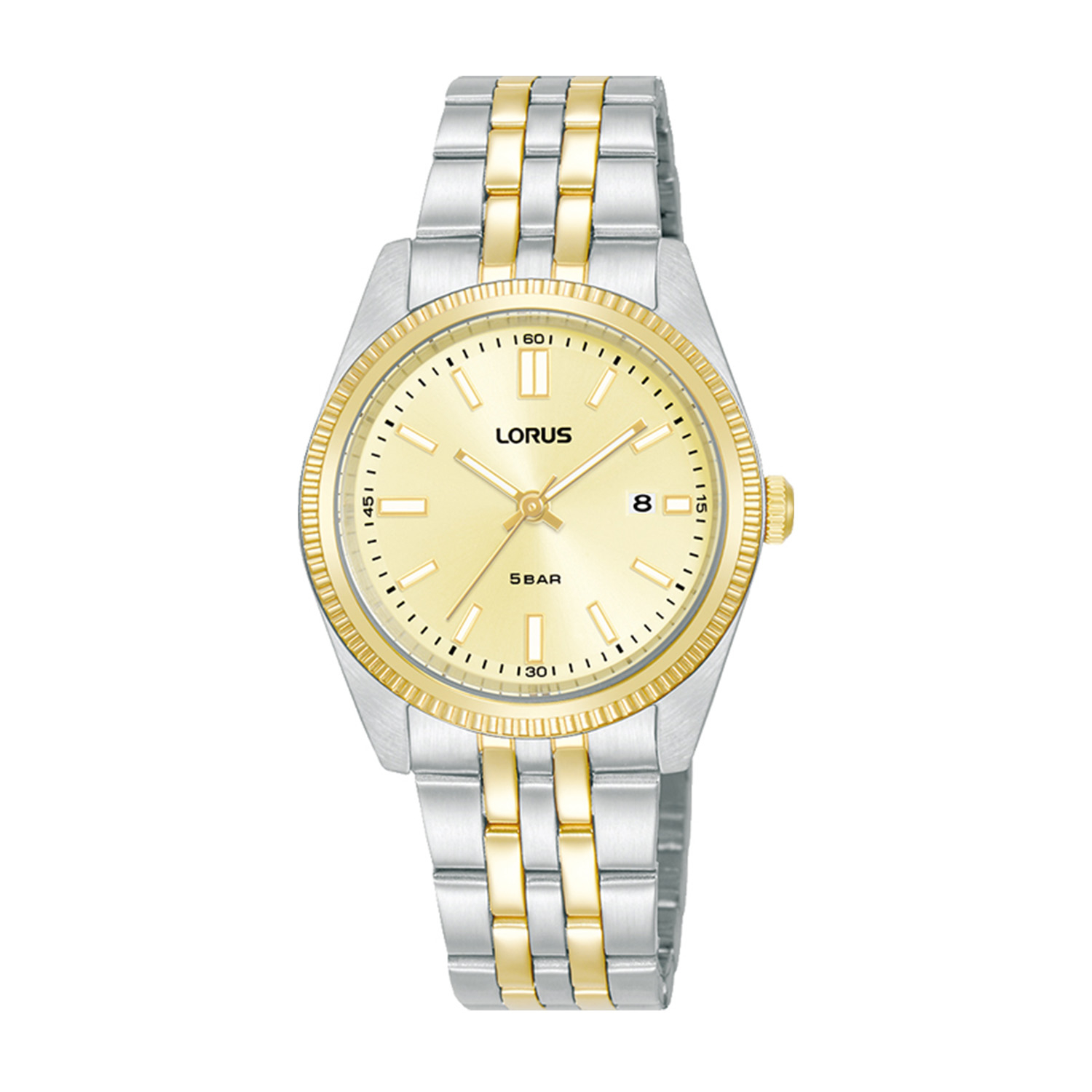 Womens watch LORUS made of two-tone stainless steel with gold dial and bracelet.