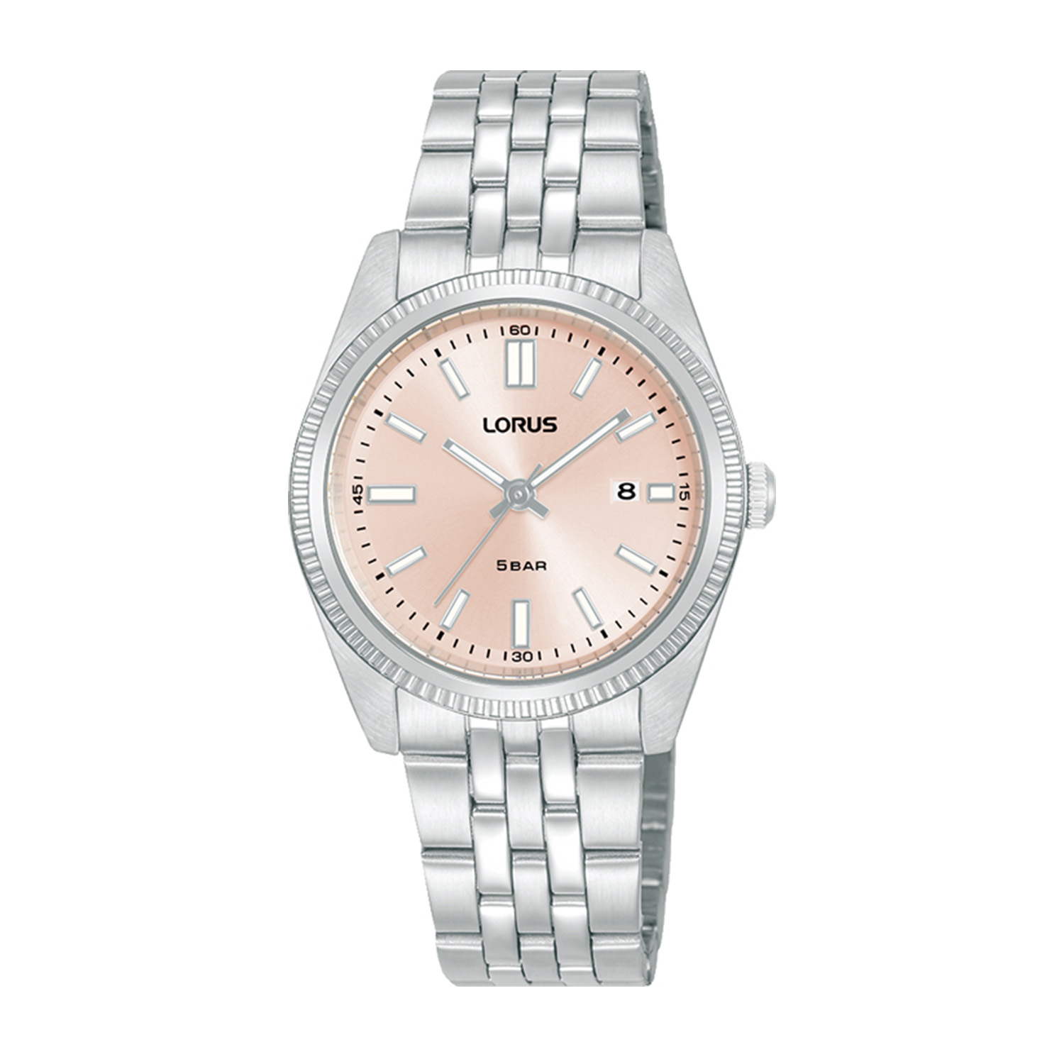 Womens watch LORUS made of silver stainless steel with pink dial and bracelet.