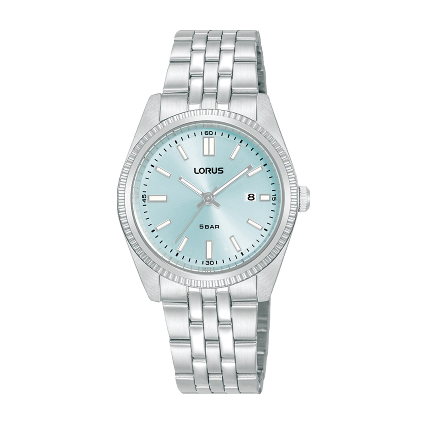 Womens watch LORUS made of silver stainless steel with light blue dial and bracelet.