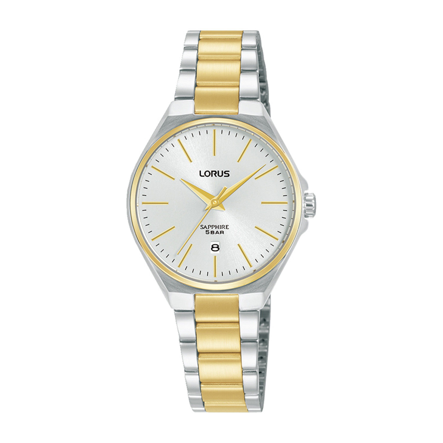 Womens watch LORUS made of two-tone stainless steel with white dial and bracelet.