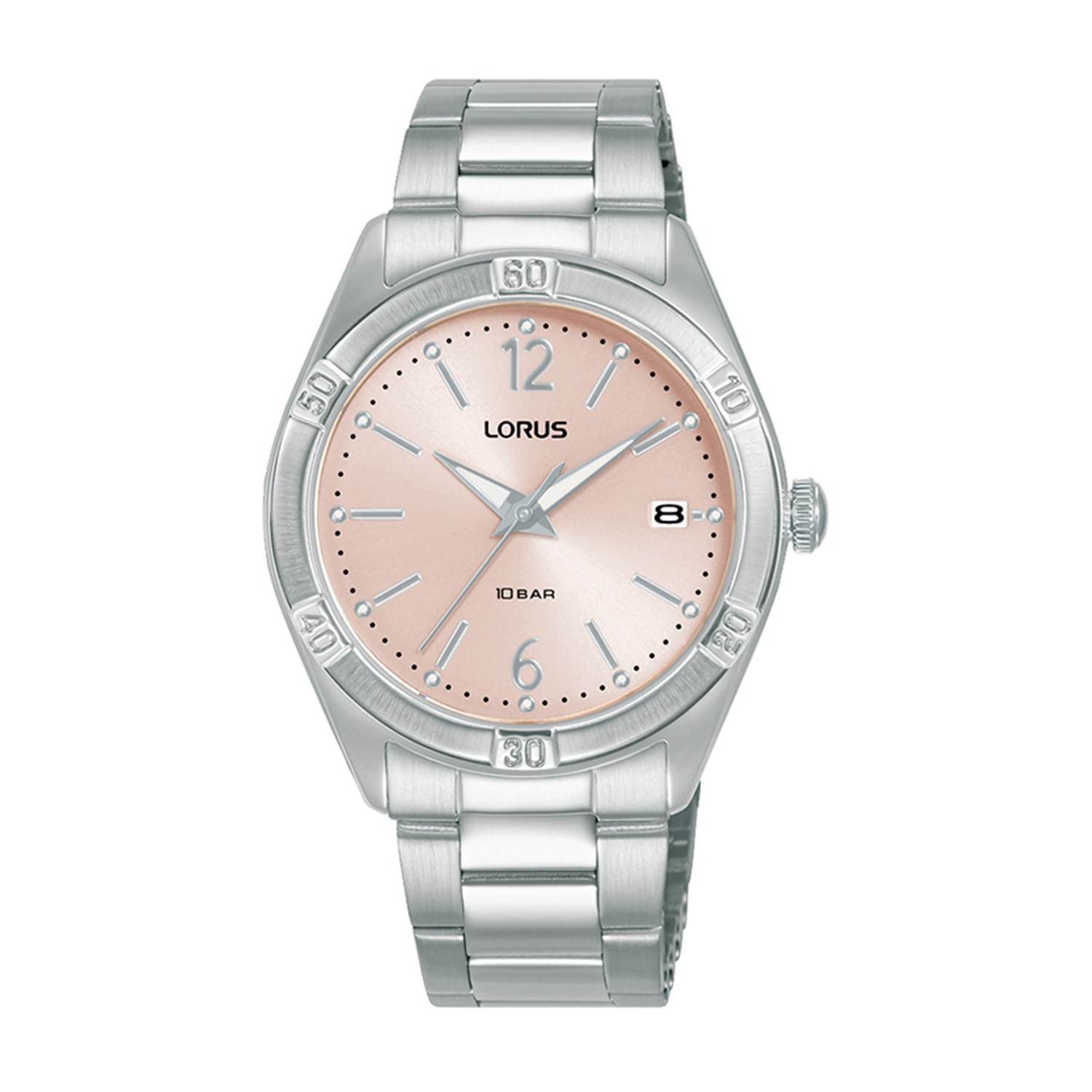 Womens watch LORUS made of silver stainless steel with pink dial and bracelet.