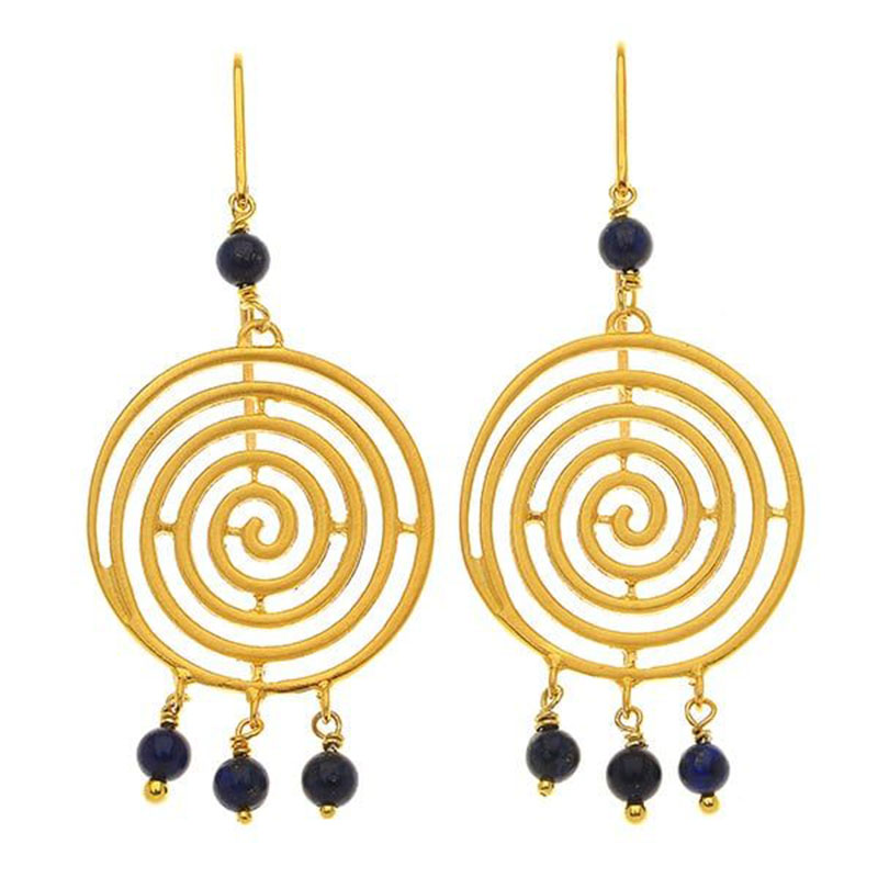 Womens silver gold plated earrings with a large spiral decorated with natural lapis.