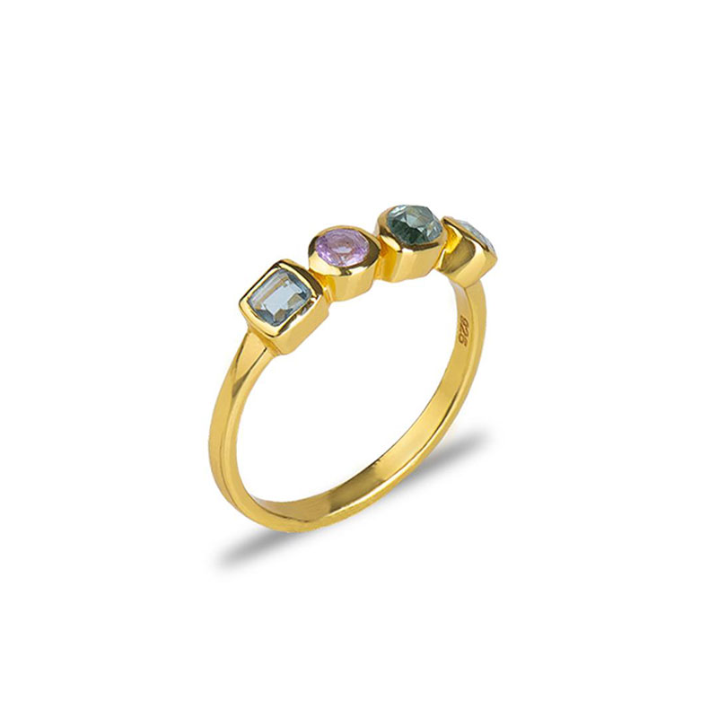 Γυναικείο Χειροποίητο Ασημένιο Επιχρυσωμένο Δαχτυλίδι 925 με Φυσική Τουρμαλίνη, Αμέθυστο και Τοπάζι.