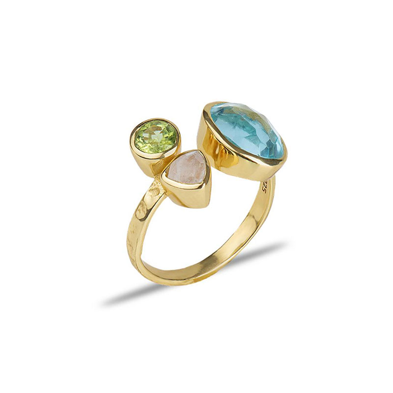 Γυναικείο Χειροποίητο Ασημένιο Επιχρυσωμένο Δαχτυλίδι 925 με Φυσικό Τοπάζι, Περίδοτο και Moonstone.