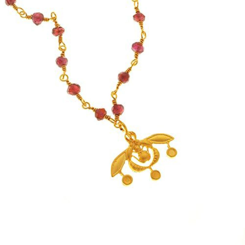 Women’s Gold-Plated 925 Silver Necklace with Hanging Cretan Bee & Garnets.